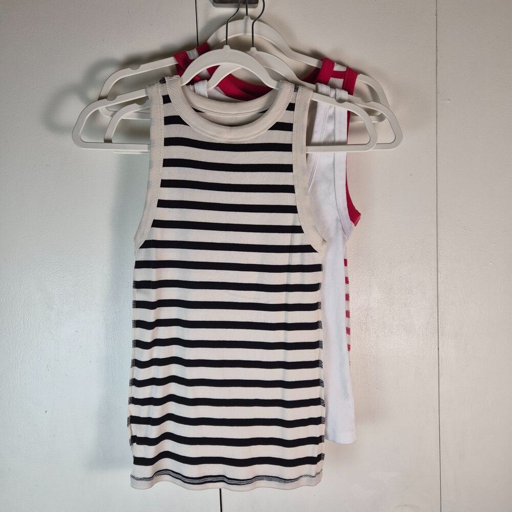 Lot of Three Tank Tops Black White Stripe, Red White Stripe , White Size S and M